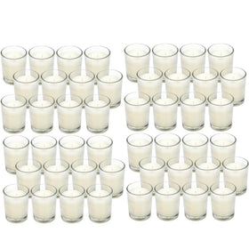 Hosley clear glass votive candle offering long, smokeless burn for events.