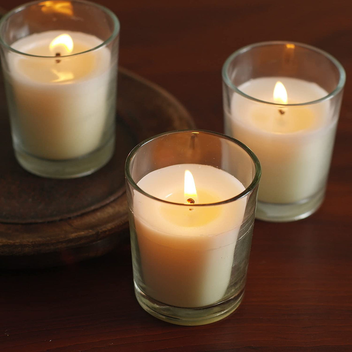 Hosley smokeless burn votive candle minimizes soot on tables.