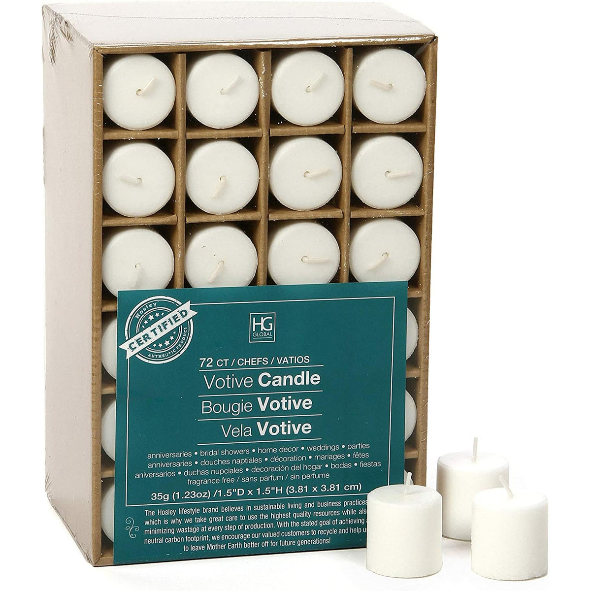 Hosley unscented white votive candles, 72-pack, for clean-burning ambiance and simple bulk decor.