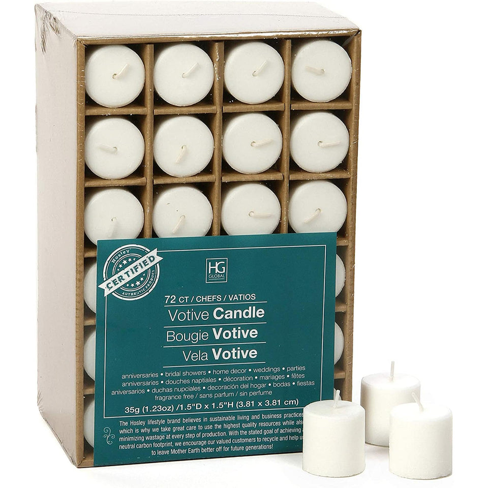 Hosley unscented white votive candles, 72-pack, for clean-burning ambiance and simple bulk decor.