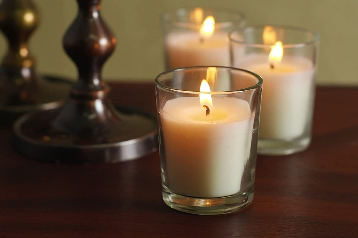 Hosley votive provides a warm white glow to create cozy ambiance.