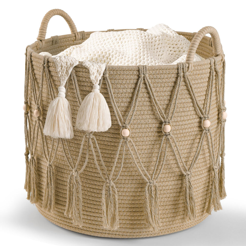 HOSROOME Blanket Basket in living room with macrame design for stylish storage