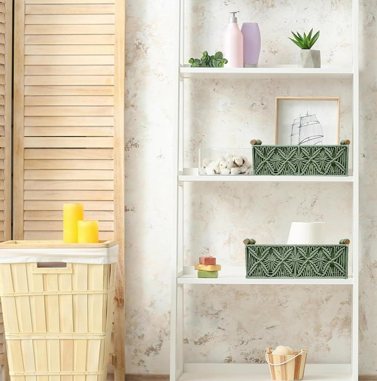 HOSROOME green bathroom storage basket keeps toiletries organized.