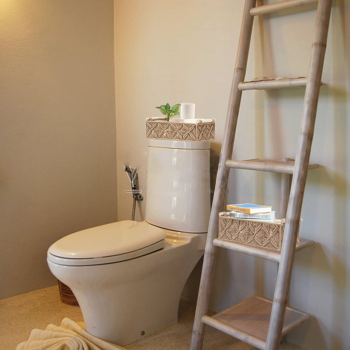 HOSROOME macrame basket bathroom-countertop in use for organizing essentials