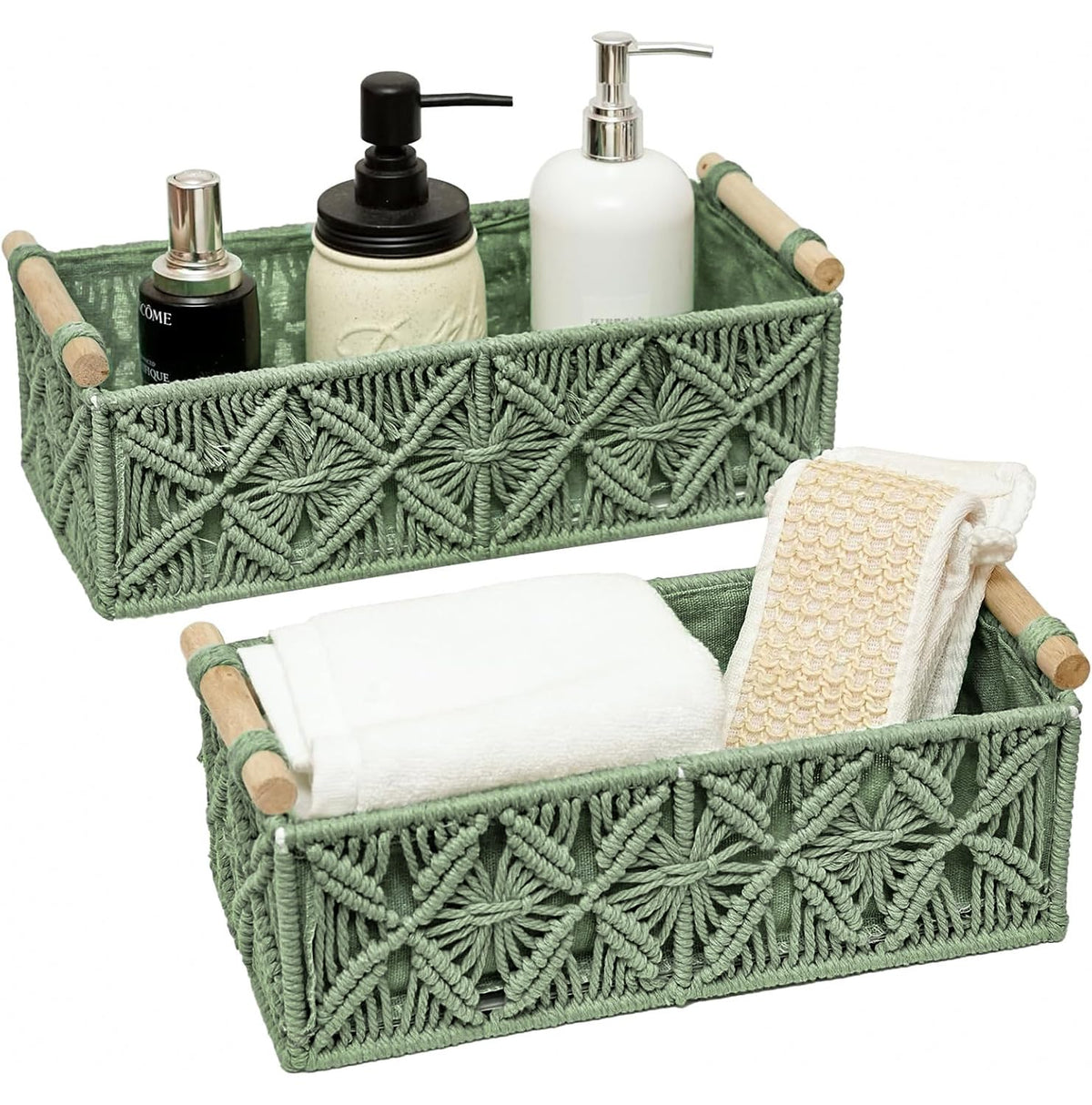 HOSROOME macrame basket set 2 green front view for stylish storage in any room.