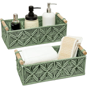 HOSROOME macrame basket set 2 green front view for stylish storage in any room.
