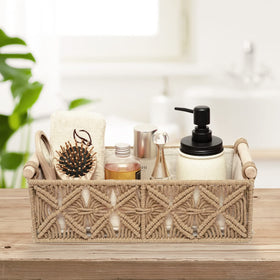 HOSROOME macrame basket wood-handle closeup highlights handmade texture and durability
