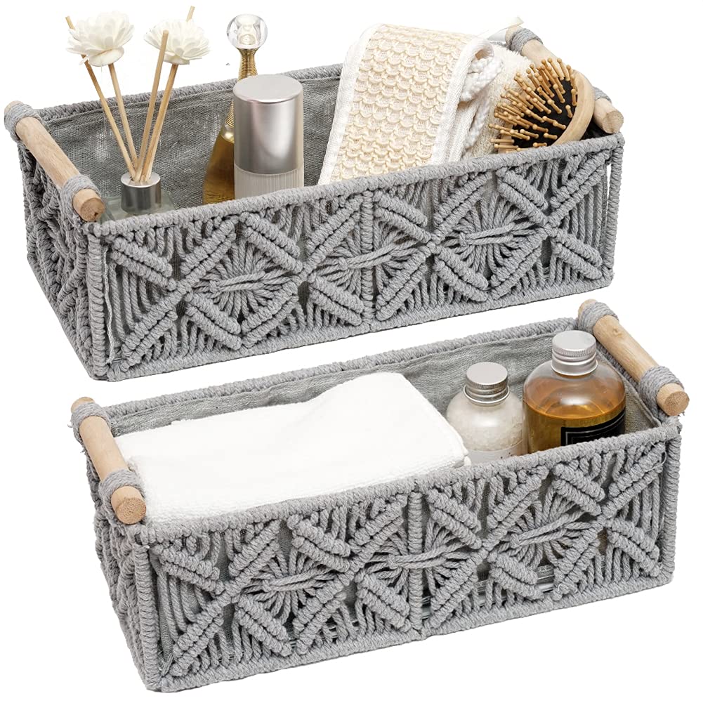 HOSROOME macrame storage basket duo, front view for elegant organization