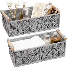 HOSROOME macrame storage basket duo, front view for elegant organization
