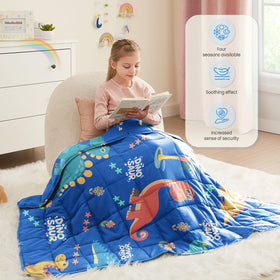 Hosukko weighted blanket blue dinosaur design close-up adds playful room mood.