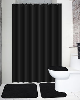 Hosuly 4pc black shower curtain set enhances cohesive bathroom style and splash containment.