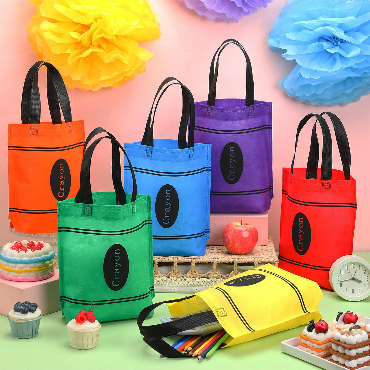 Hosuly crayon-pattern non woven bags highlighting durable design for reusable gifting.