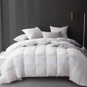 Hotel Grand Luxury white goose down fiber comforter full queen view showcases plush warmth for all seasons.