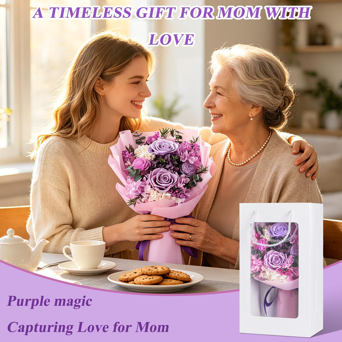 HOTKBO purple preserved roses displayed on a desk in an office
