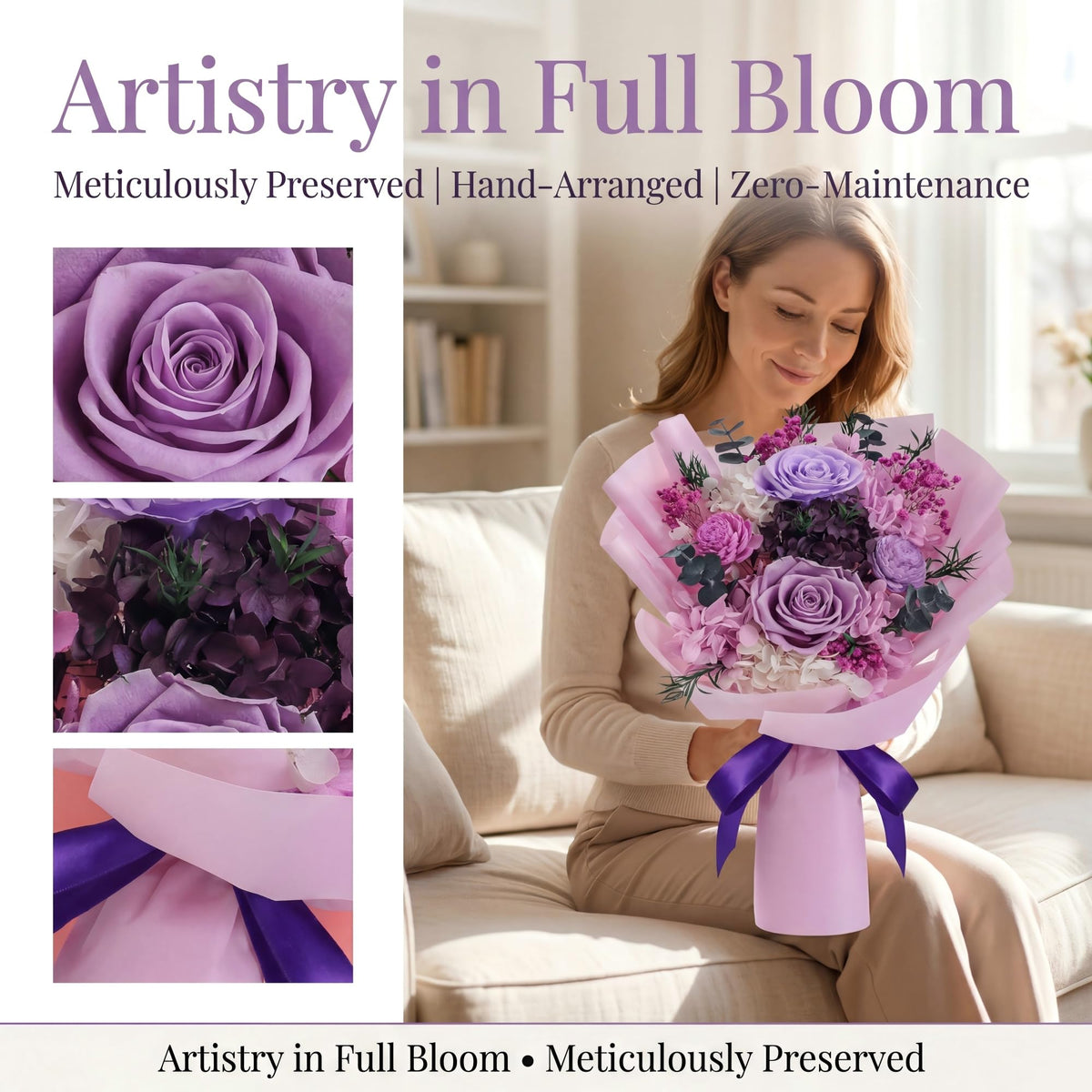 HOTKBO gift box with satin ribbon showcasing purple preserved roses