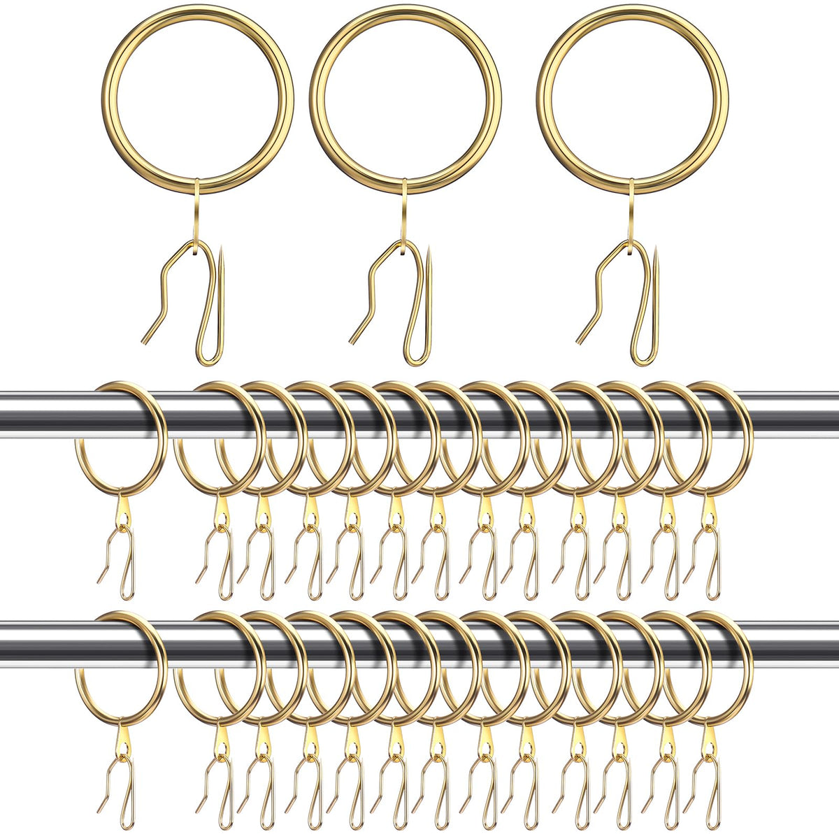 Hotop 60-piece metal drapery rings in gold for smooth curtain movement.
