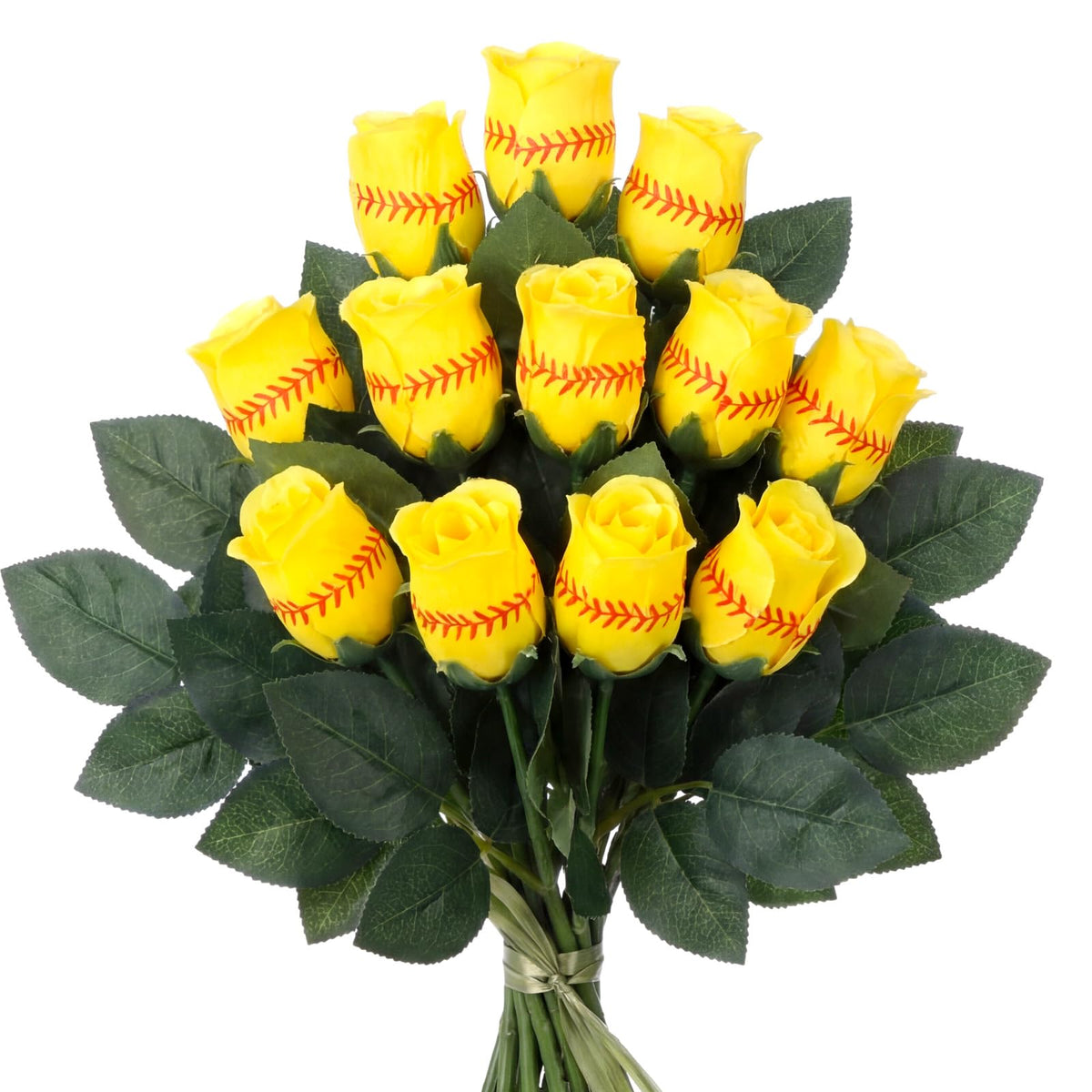 Hotop softball roses yellow bouquet displayed as a vibrant table centerpiece.
