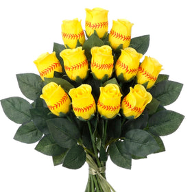 Hotop softball roses yellow bouquet displayed as a vibrant table centerpiece.