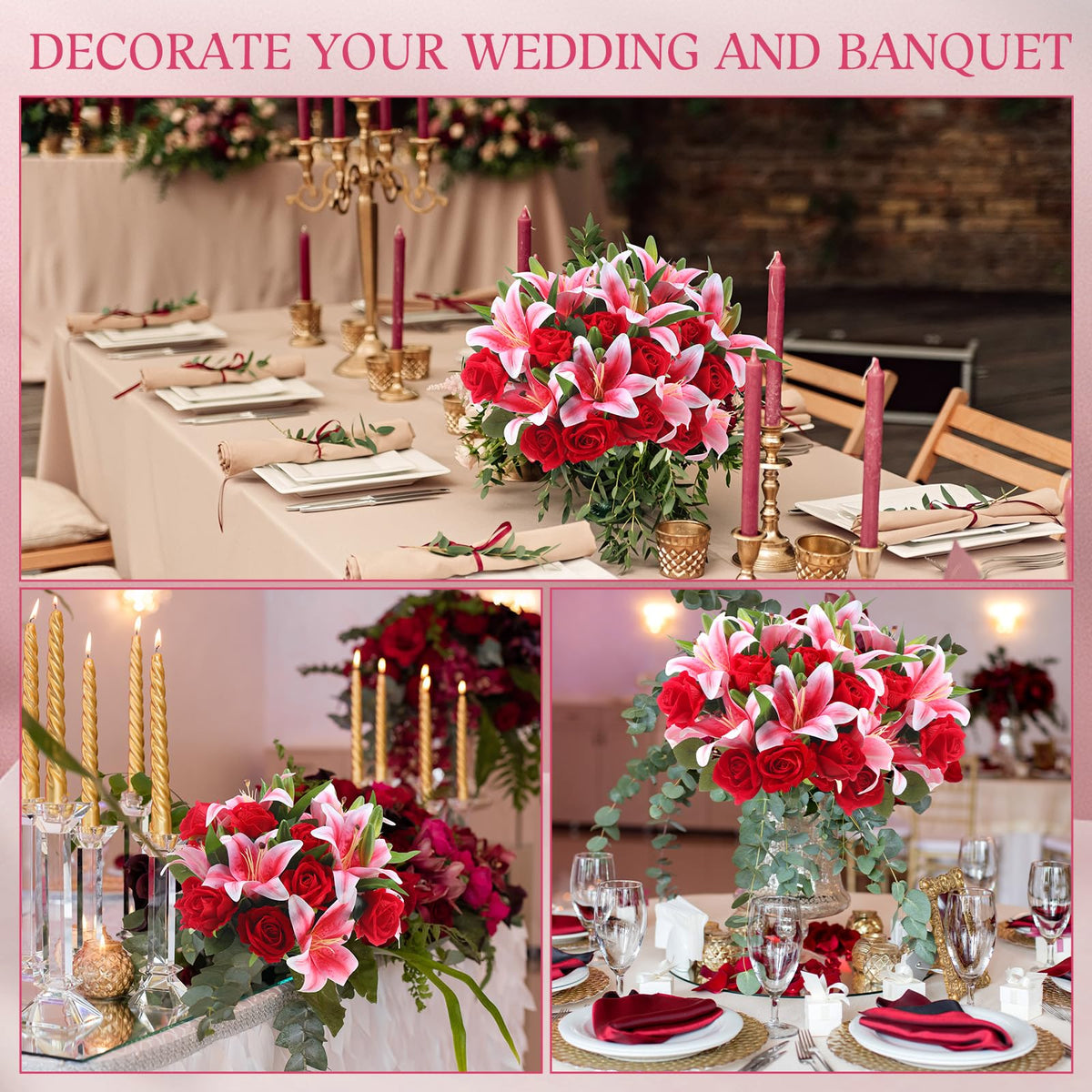 Hotop wedding centerpiece decoration featuring red roses and pink lilies
