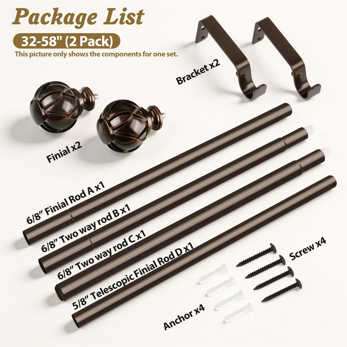 HOTOZON bronze curtain rod kit includes all hardware for installation.