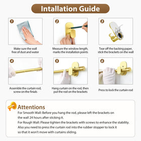 Easy installation steps for HOTOZON no-drill curtain rod in gold finish.