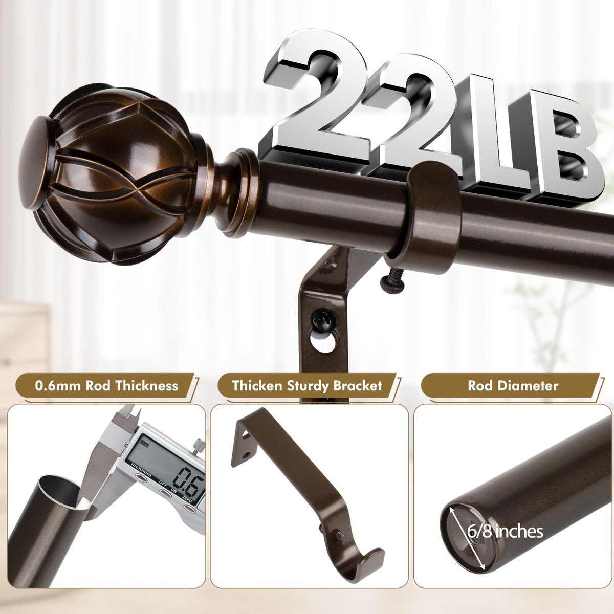 HOTOZON 3/4-inch metal rod supports heavier fabrics.