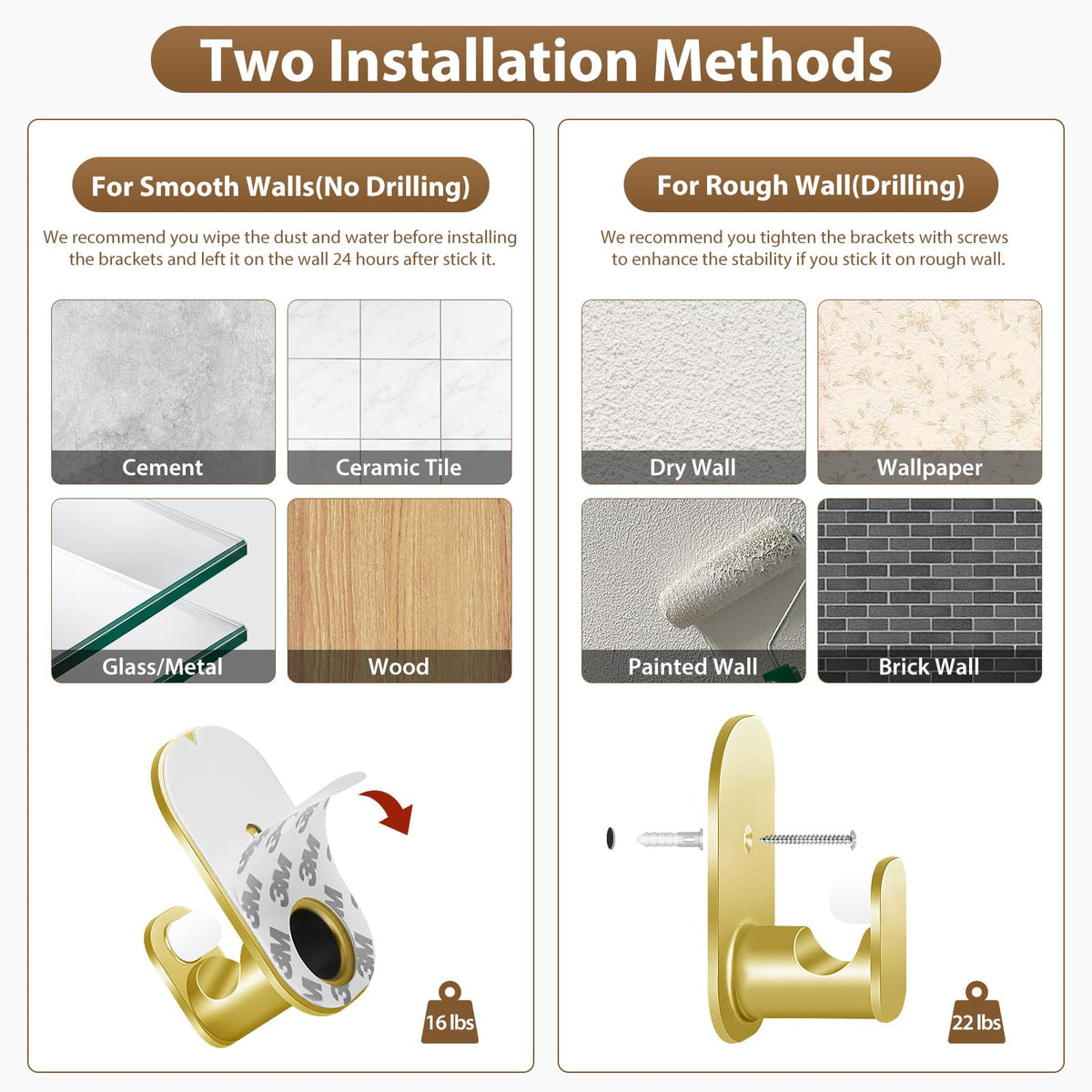 HOTOZON gold no-drill curtain rod in 48-84 inch range with load-bearing brackets.