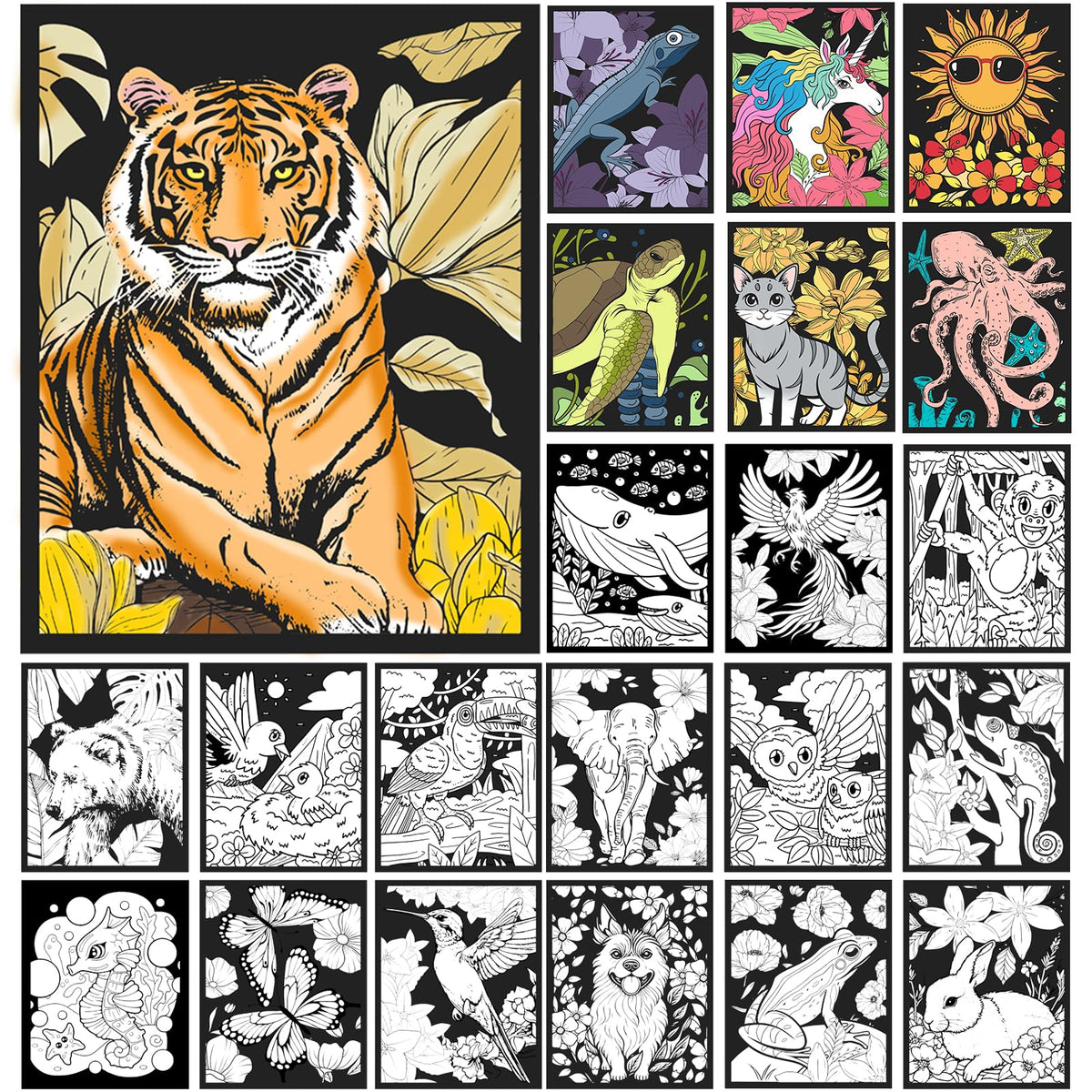 Hotplacy velvet coloring posters with 48 animal patterns for relaxing coloring sessions.