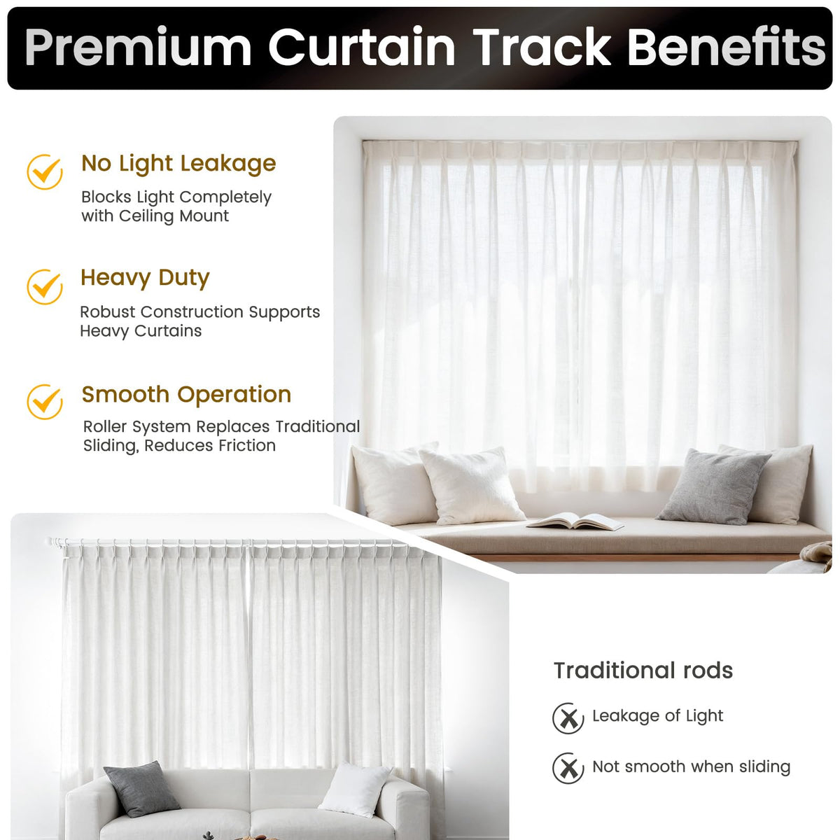 Houmiggle end hooks with locking rings secure curtains.