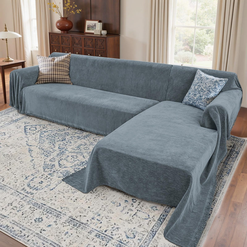 Houmiggle sectional couch cover on sofa in dusty blue protects against pet hair and wear
