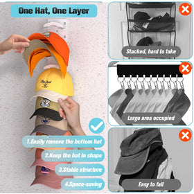 Houoisheck 4-pack hat rack on wall keeps caps organized and accessible.