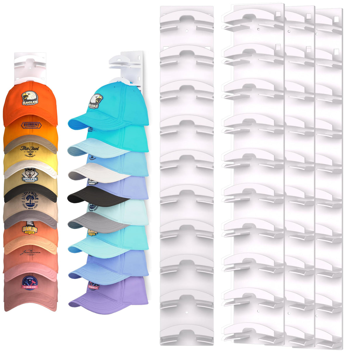 Houoisheck hat organizer wall mount close-up demonstrating secure adhesion for caps.