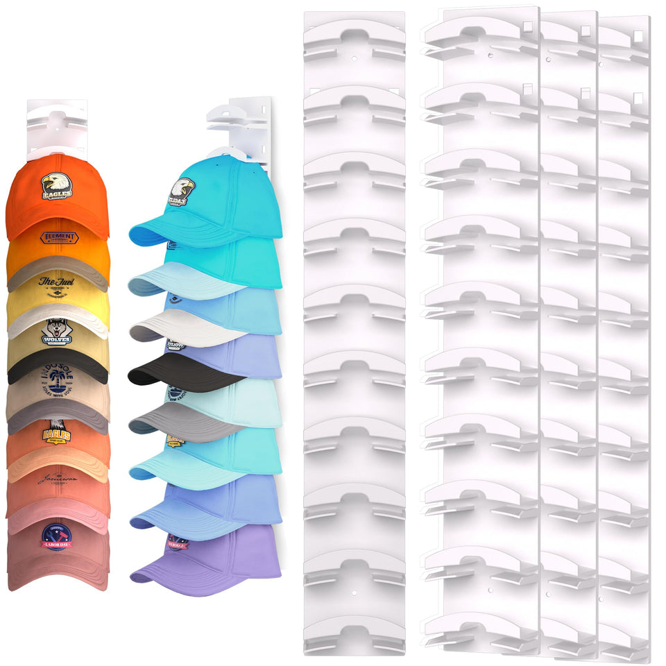 Houoisheck hat organizer wall mount close-up demonstrating secure adhesion for caps.