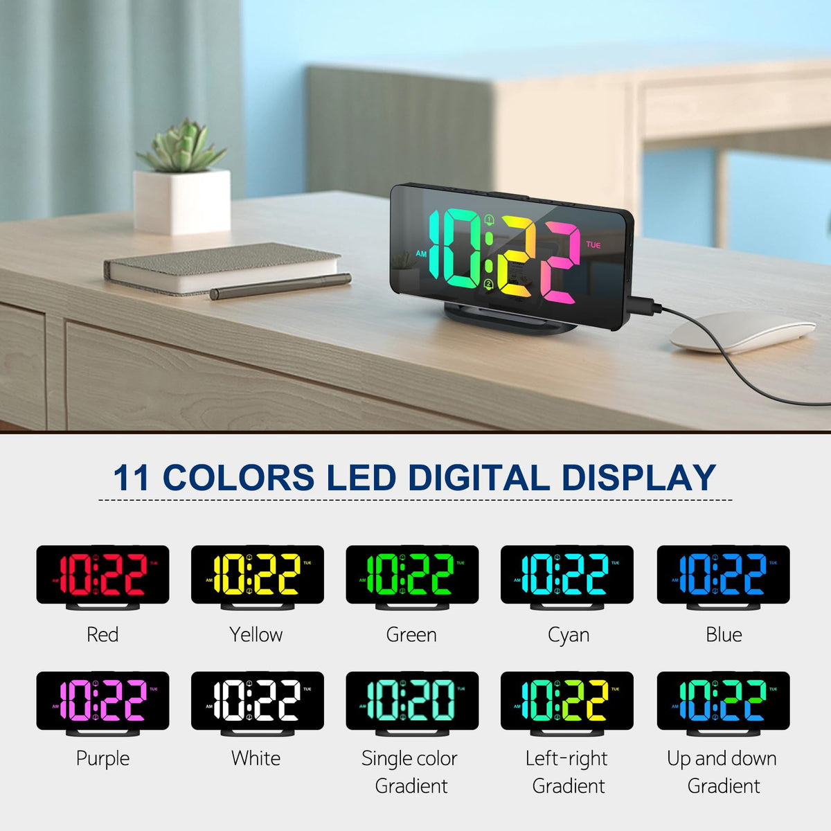 Hournor clock showcasing 11 color options for mood lighting.