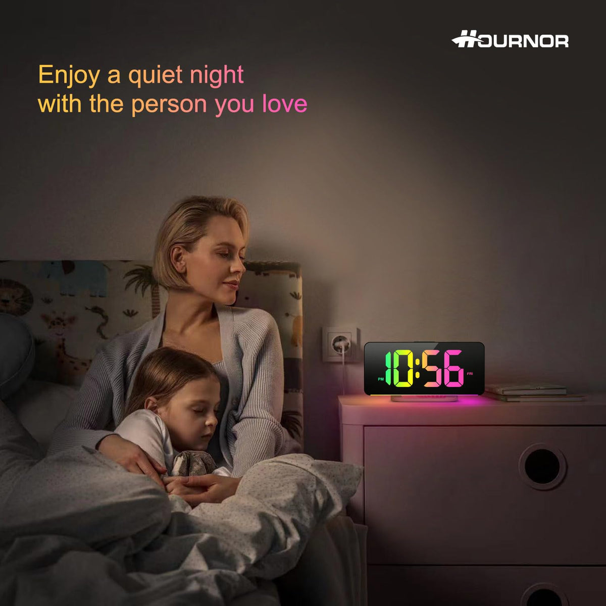 Hournor clock with USB-C and USB ports for charging devices overnight.