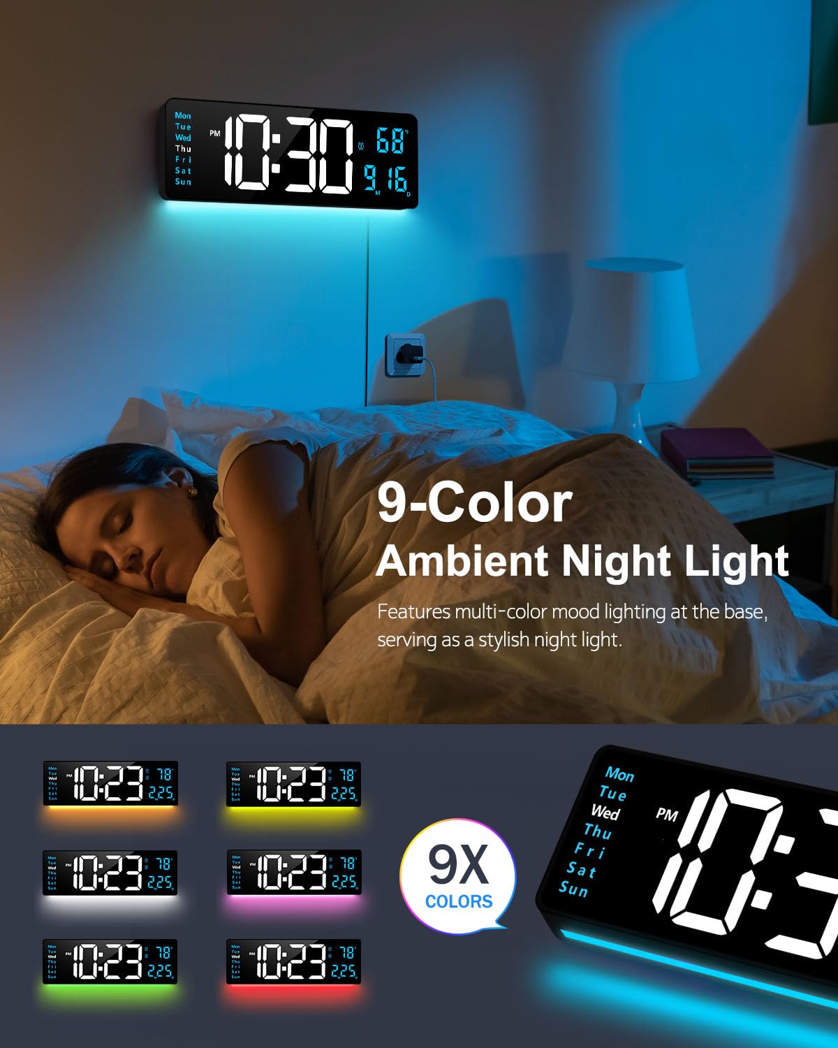 Hournor digital wall clock auto-dimming for comfortable day and night viewing