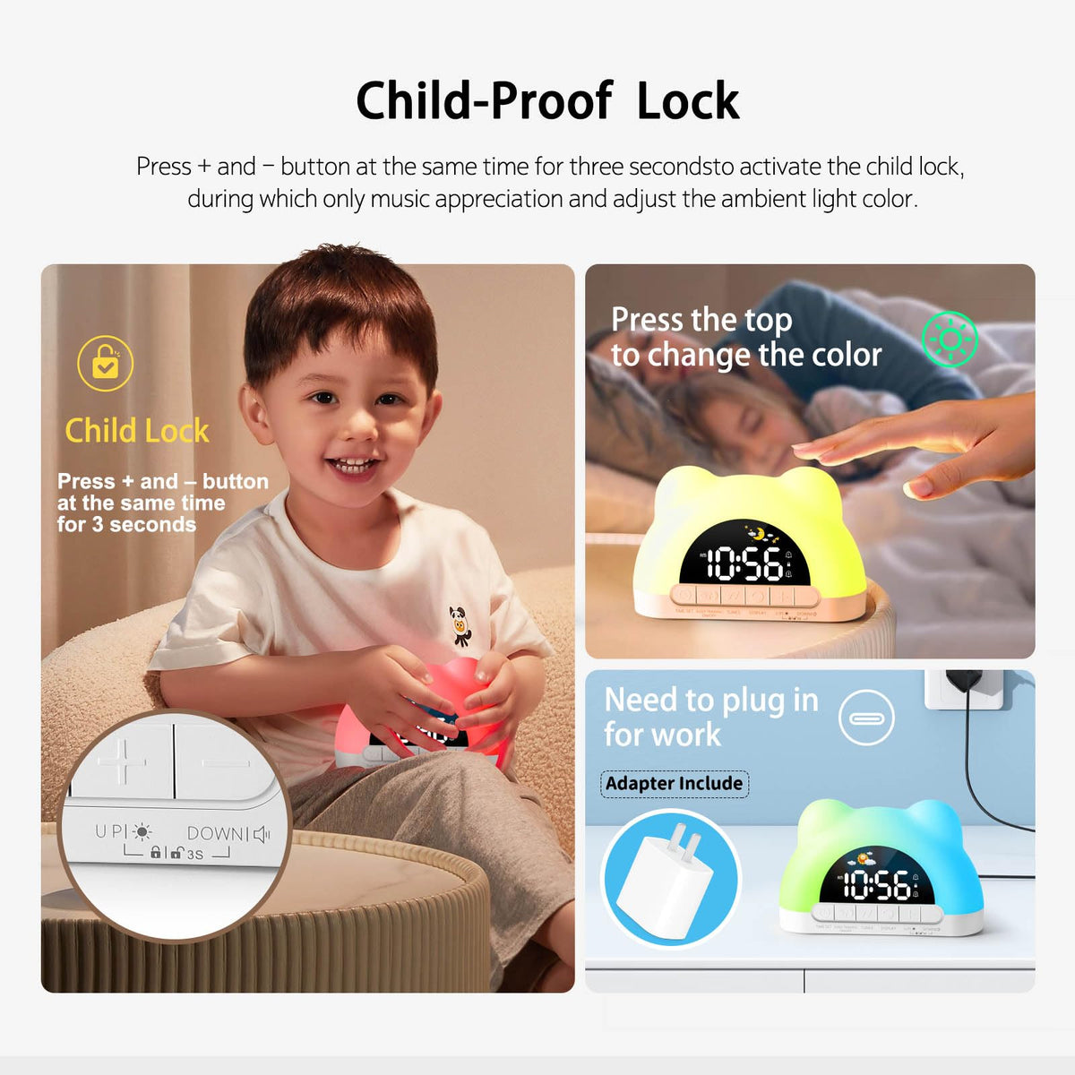 Hournor Kids Alarm Clock 11-color night light with brightness options.