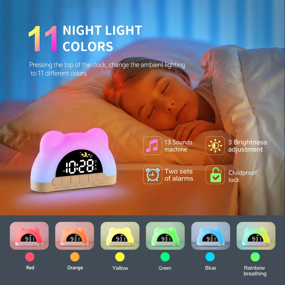 Hournor Kids Alarm Clock green sun icon indicating wake time.