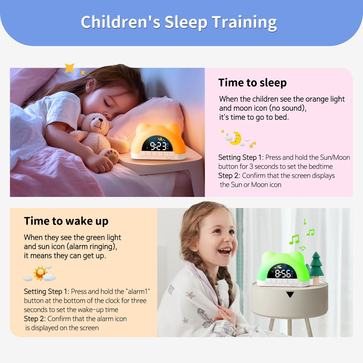 Hournor Kids Alarm Clock orange moon icon signals bedtime.