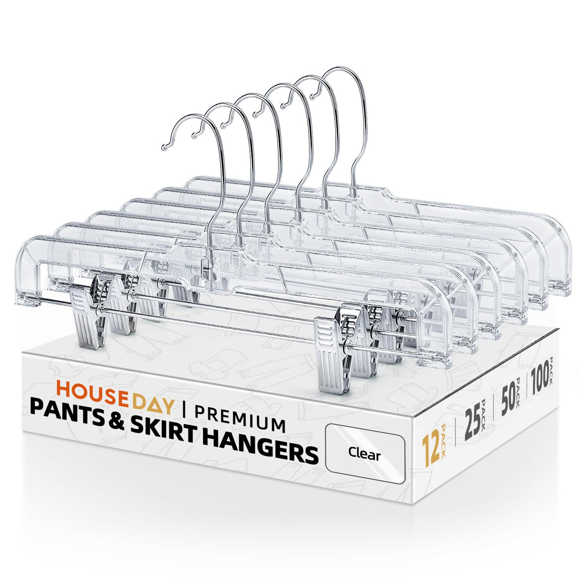 House Day 12-pack 14-inch clear skirt hangers with adjustable clips for versatile closet organization.