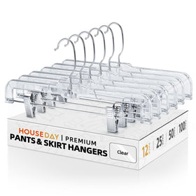 House Day 12-pack 14-inch clear skirt hangers with adjustable clips for versatile closet organization.