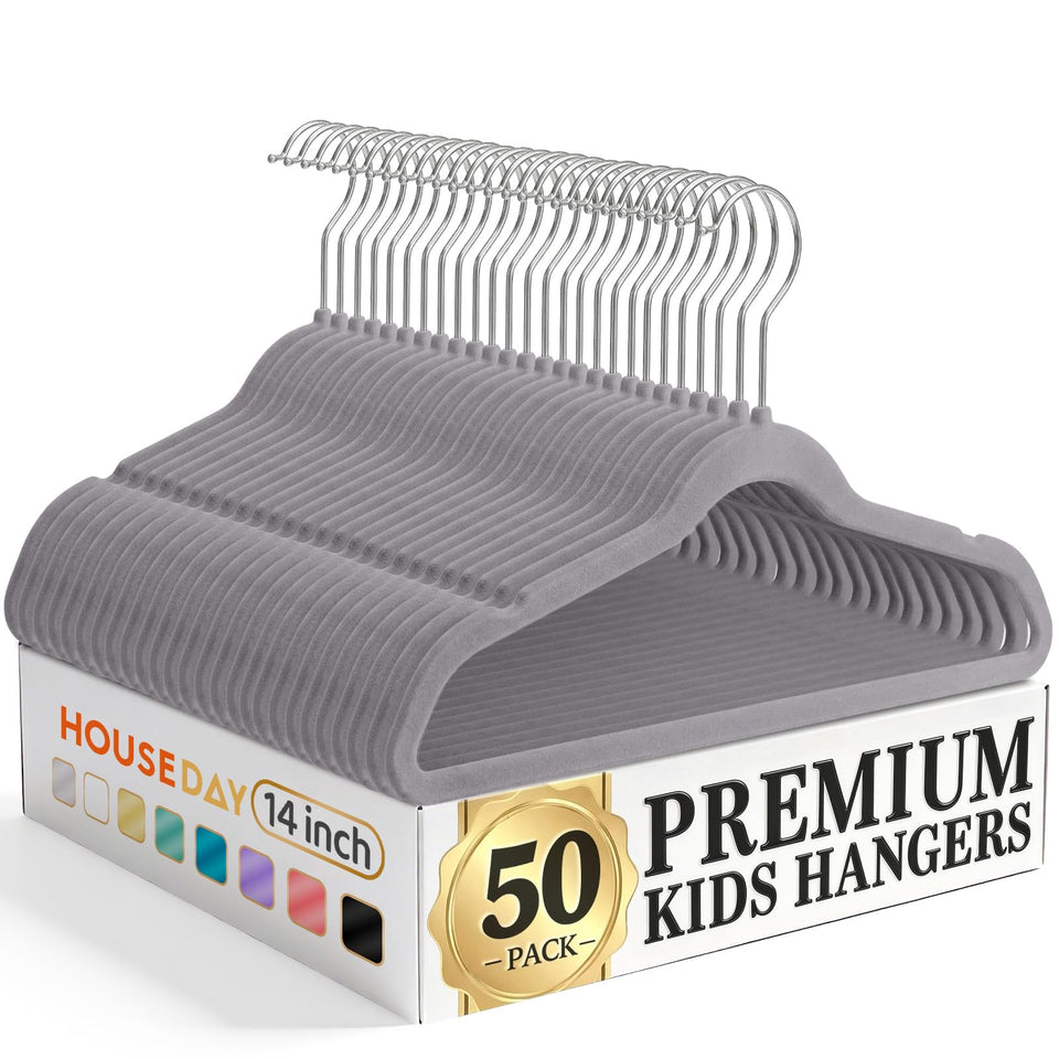 HOUSE DAY 14-inch kids velvet hanger with sturdy design for durable closet organization.