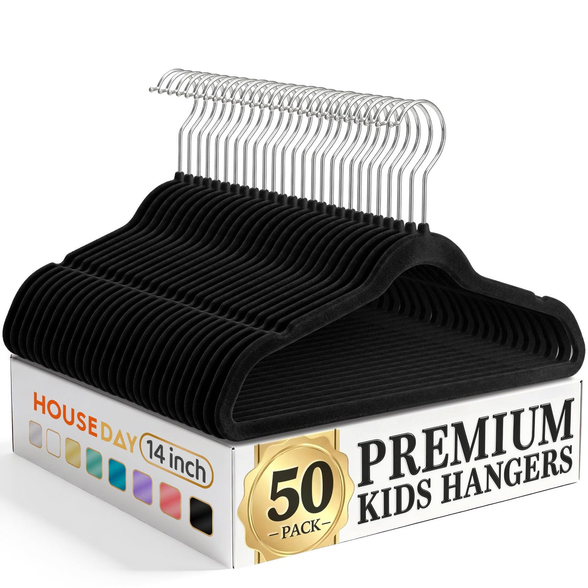 House Day 14-inch kids velvet hangers pack front view for space-efficient closet organization