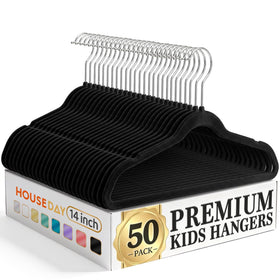 House Day 14-inch kids velvet hangers pack front view for space-efficient closet organization