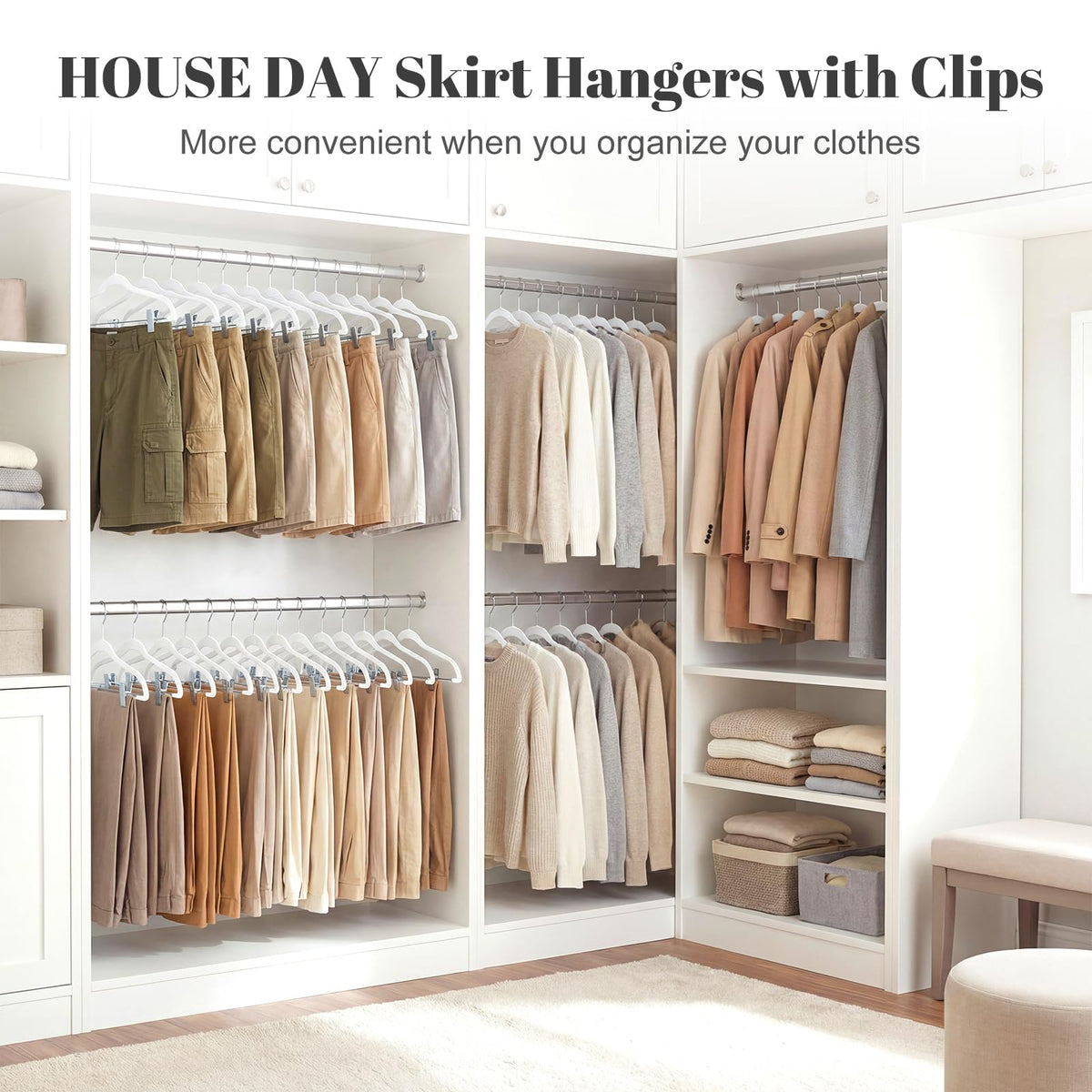 HOUSE DAY 360-degree swivel hook on velvet hangers simplifies organization.