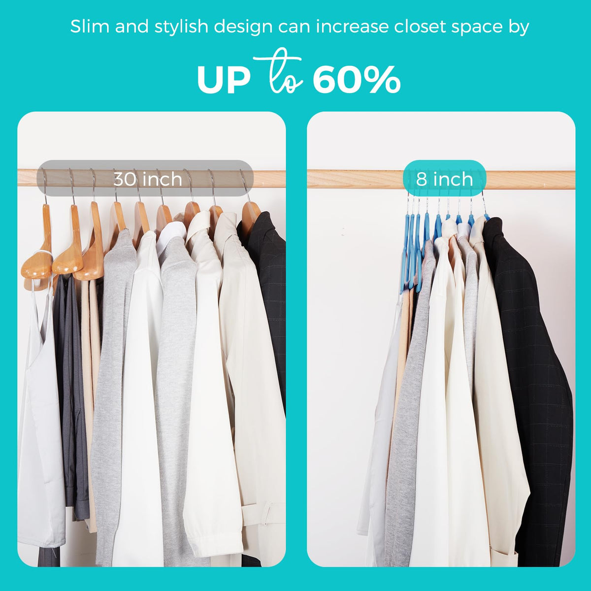 360-degree swivel hook allows flexible hanging angles in any closet.