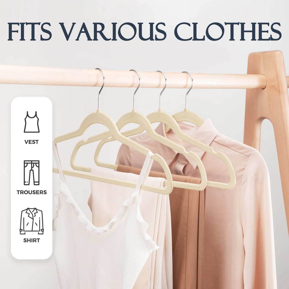 HOUSE DAY 360° swivel hook enables flexible hanging in any closet layout.