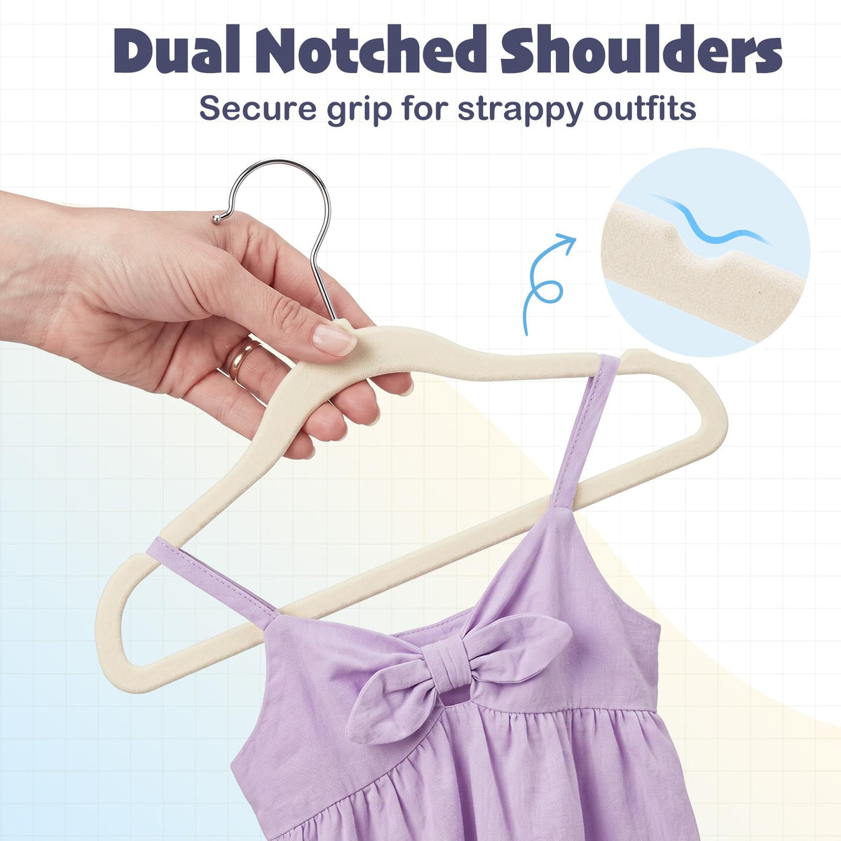 House Day beige velvet hangers organize toddlers’ wardrobe with a clean look.