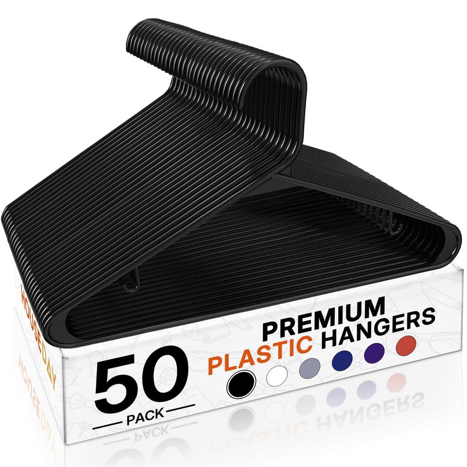 House Day black plastic hangers 50 pack neatly organize shirts and coats.