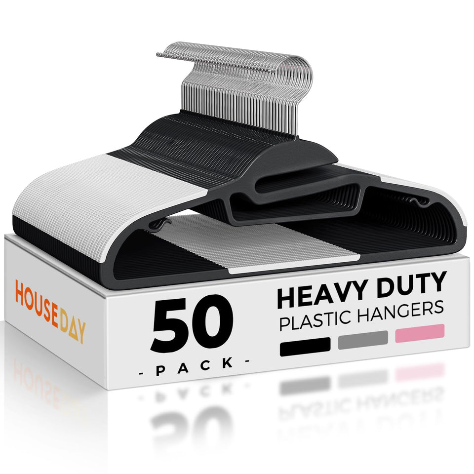 HOUSE DAY black plastic hangers 50-pack keep garments organized and space-efficient.